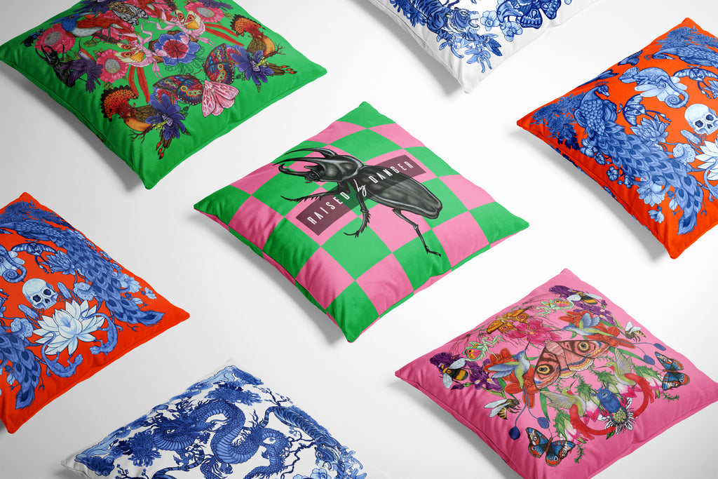 Raised by Danger assortment of colorful recycled velvet pillows decorative cushions